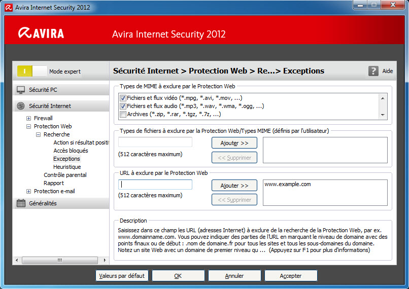 Web Protection configuration - Scan - Exceptions